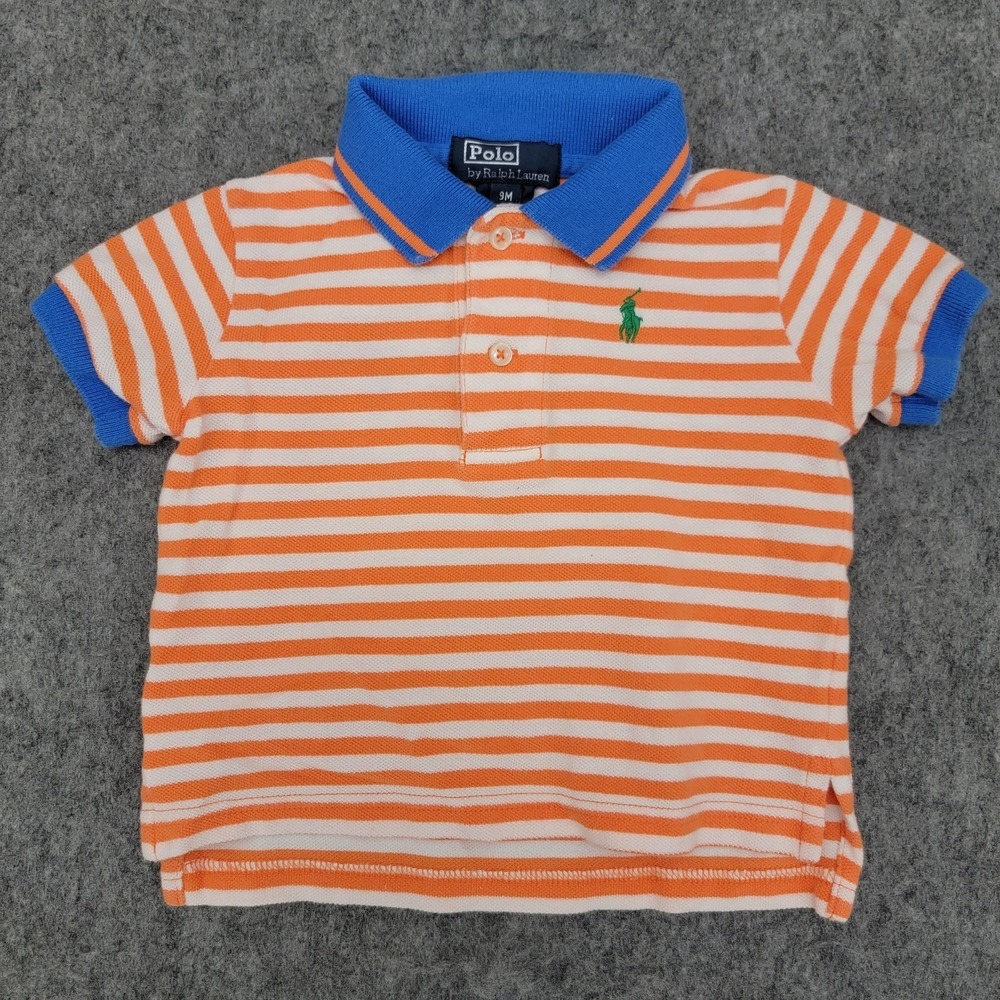 Polo Ralph Lauren Polo Shirt Boys 9M Orange Striped Blue Collar Pony Logo Infant